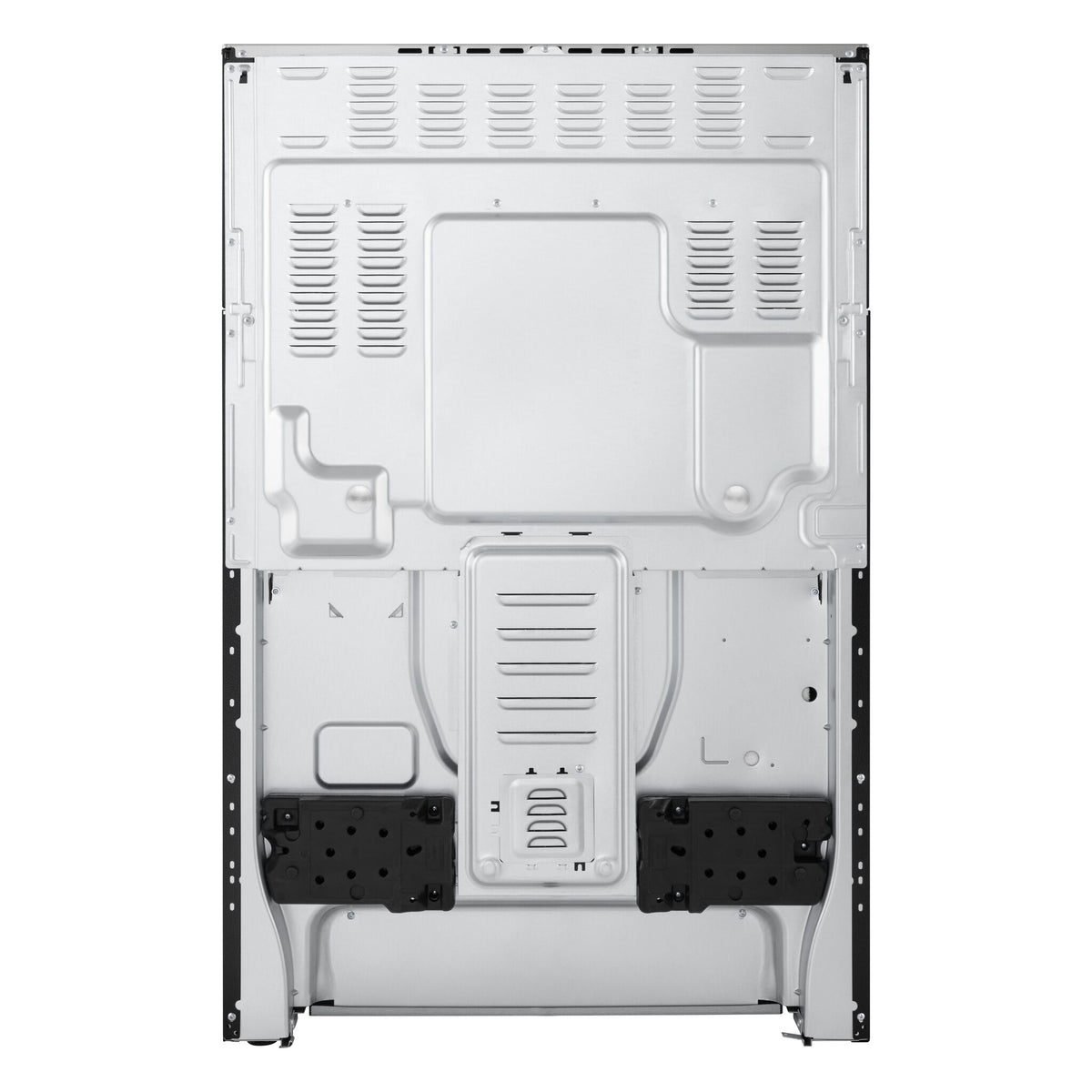 Rear view of LG 30" freestanding induction range showing silver metal back panel, vents and lower connection area