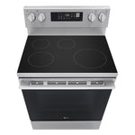 Angled top view of LG induction range showing four cooking zones, rear control knobs and digital oven controls