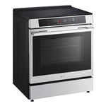 LG stainless steel smart induction slide-in range with black glass cooktop and front touch controls