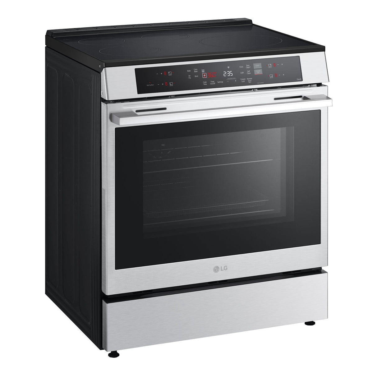 LG stainless steel smart induction slide-in range with black glass cooktop and front touch controls