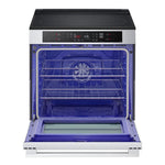 LG induction slide-in range with oven door open, showing blue EasyClean interior and ProBake Convection fan
