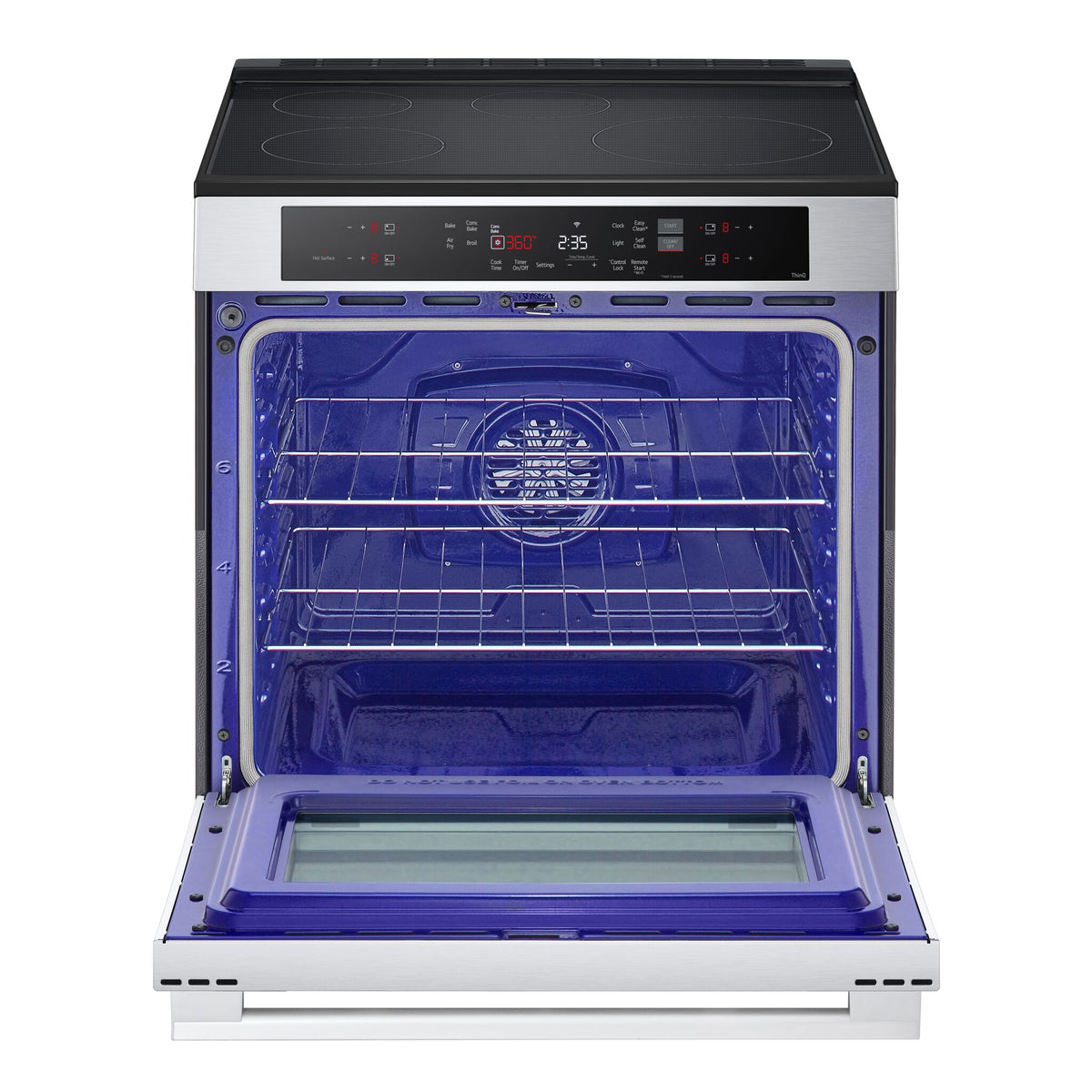 LG induction slide-in range with oven door open, showing blue EasyClean interior and ProBake Convection fan