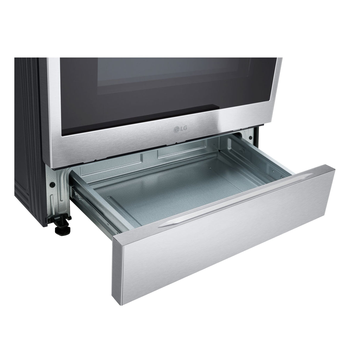 Close-up of LG stainless steel induction range with lower storage drawer pulled open