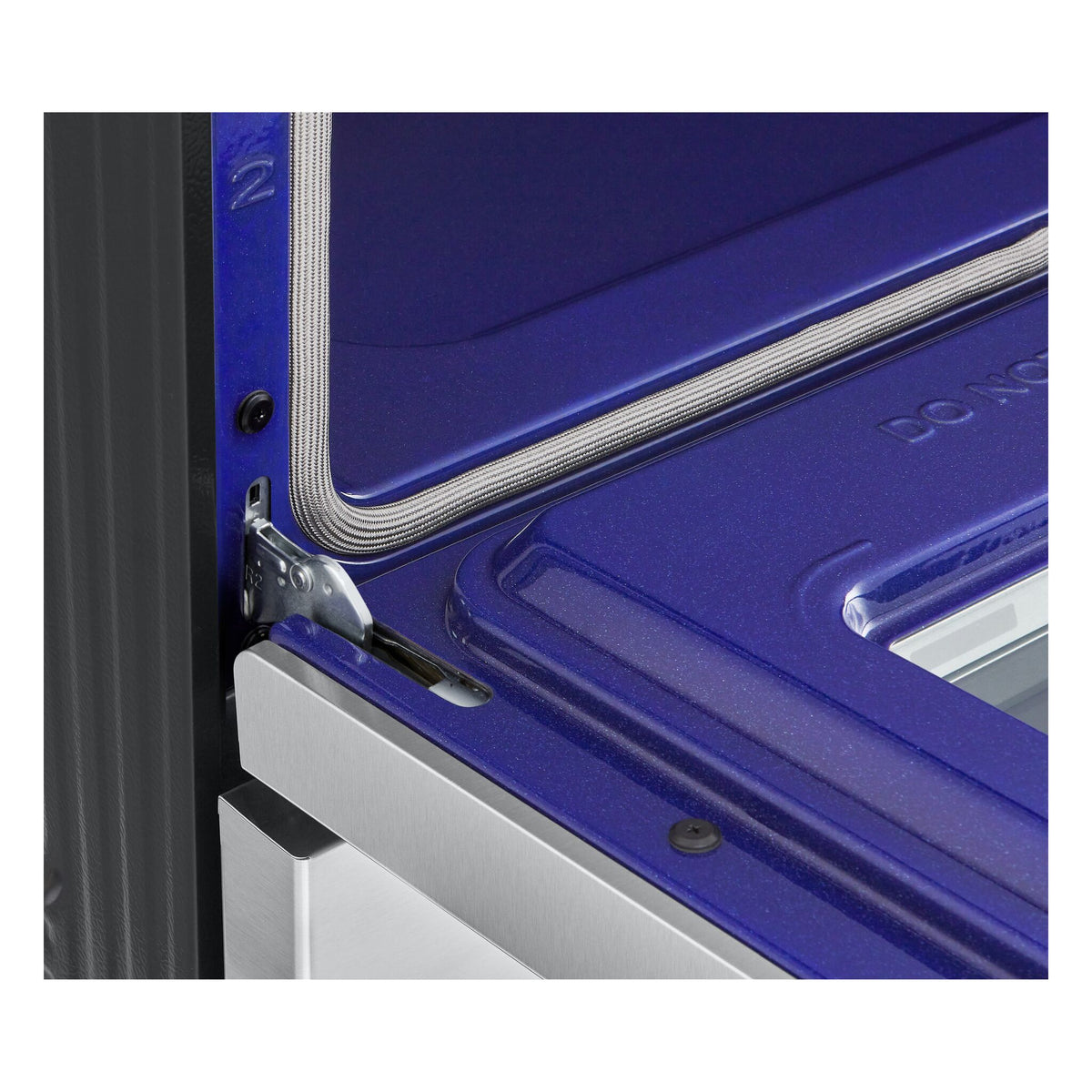 Close-up of LG induction range blue EasyClean oven door interior, gasket and hinge