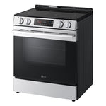 LG stainless steel smart electric slide-in range with black glass cooktop and front controls