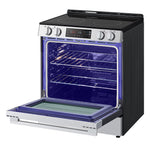 LG stainless steel electric slide-in range with oven door open, showing blue EasyClean interior and racks