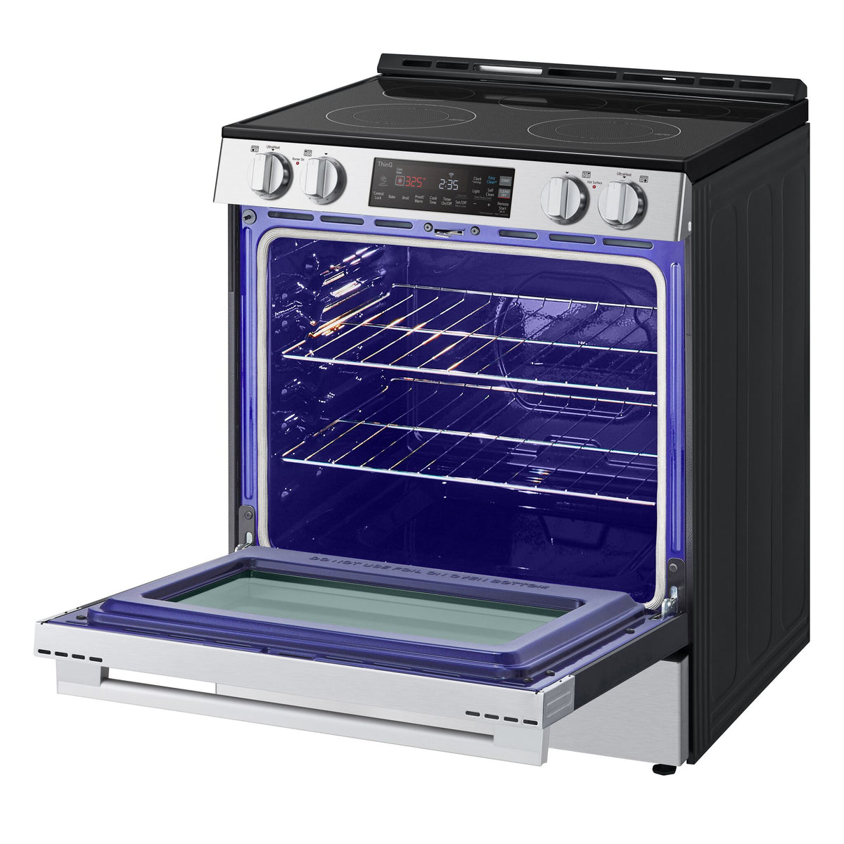 LG stainless steel electric slide-in range with oven door open, showing blue EasyClean interior and racks