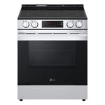 Front view of LG stainless steel smart electric slide-in range with black cooktop and digital controls
