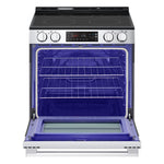 LG electric slide-in range with oven door open, showing spacious blue EasyClean oven interior and two racks
