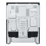 Rear view of LG electric slide-in range showing metal back panel, vents and installation components