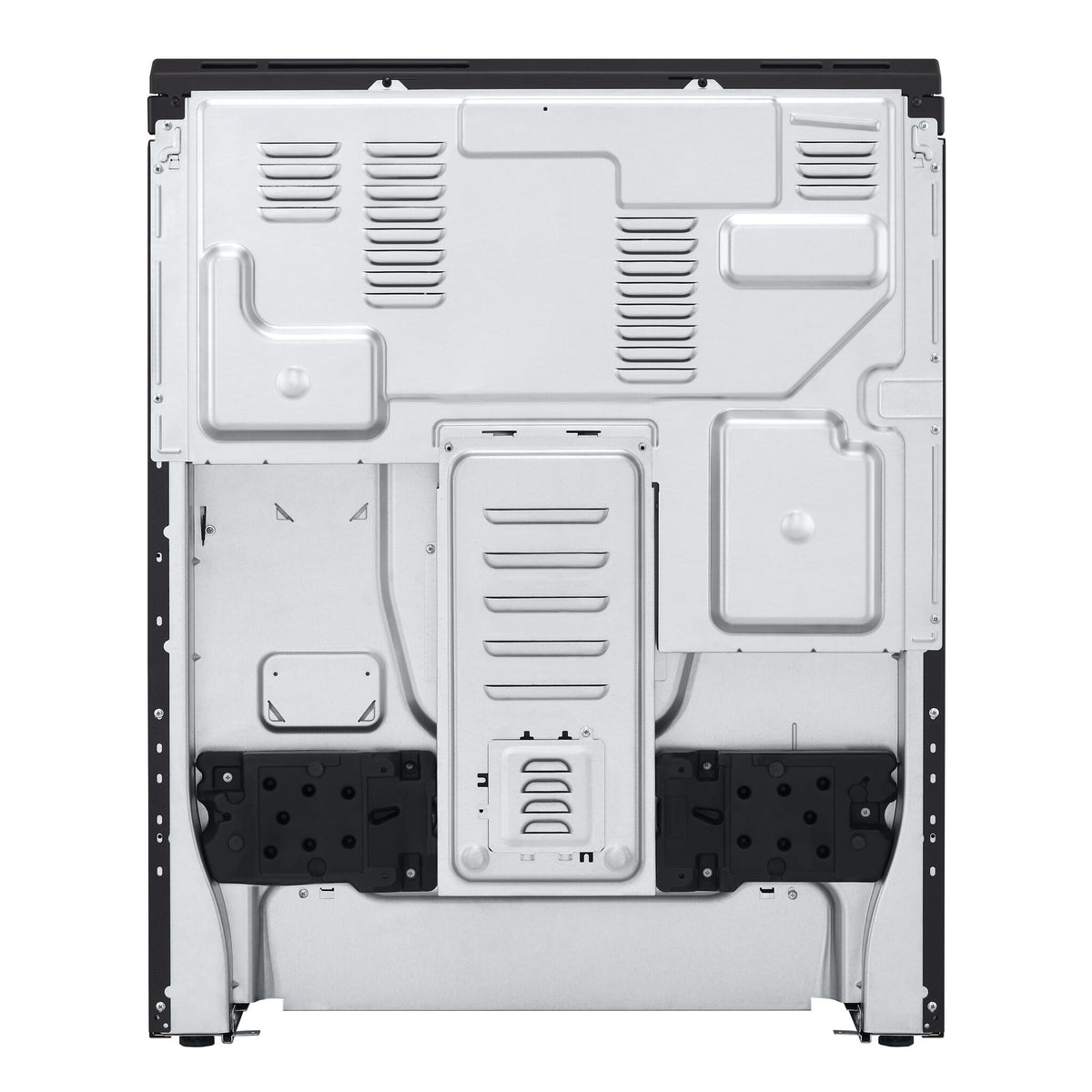 Rear view of LG electric slide-in range showing metal back panel, vents and installation components