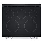 Top view of LG electric range black glass cooktop with five cooking zones and UltraHeat Power Boil elements