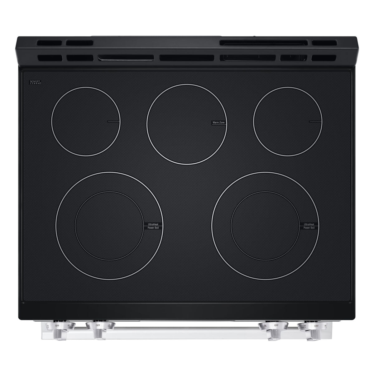 Top view of LG electric range black glass cooktop with five cooking zones and UltraHeat Power Boil elements