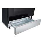 Close-up of LG electric slide-in range with lower stainless steel storage drawer pulled open