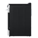 Side profile of LG stainless steel electric slide-in range showing black cabinet, cooktop and front controls
