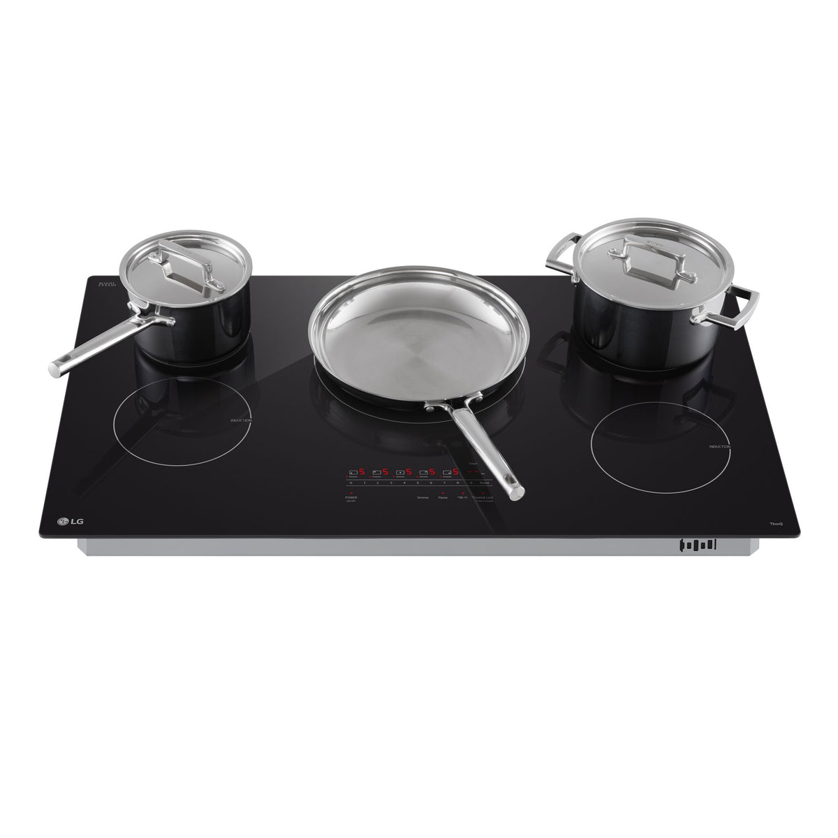 LG Black 36-inch Smart Induction Cooktop with pots and frying pan positioned across multiple induction cooking zones