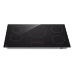 Front angle view of LG Black 36-inch Smart Induction Cooktop with five outlined cooking zones and touch control panel