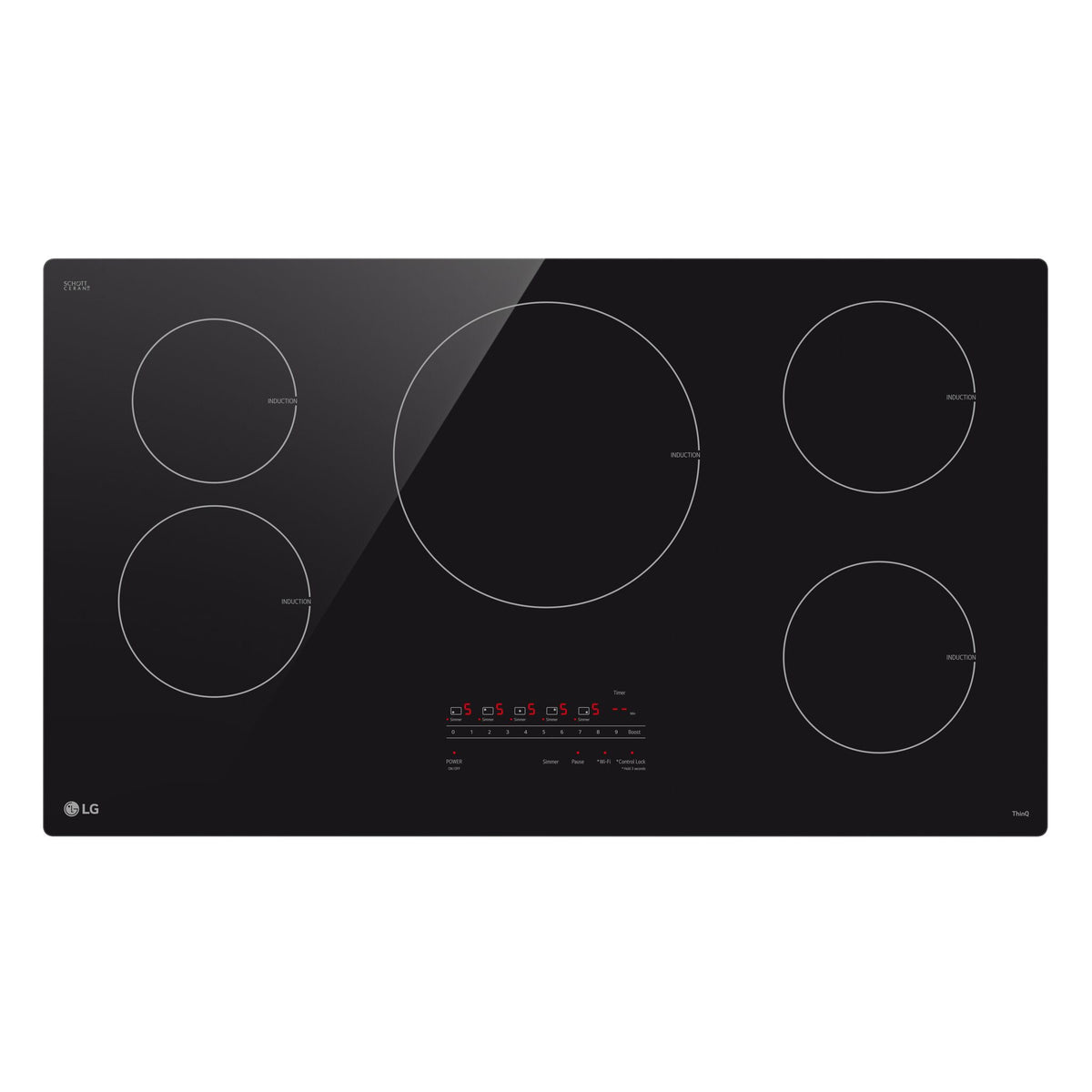 LG Black 36-inch Smart Induction Cooktop with five cooking zones, central touch controls and UltraHeat 4.3kW element