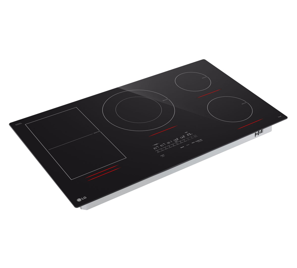 LG Black 36" Smart Induction Cooktop shown at an angle with five cooking zones, flexible zone and touch controls