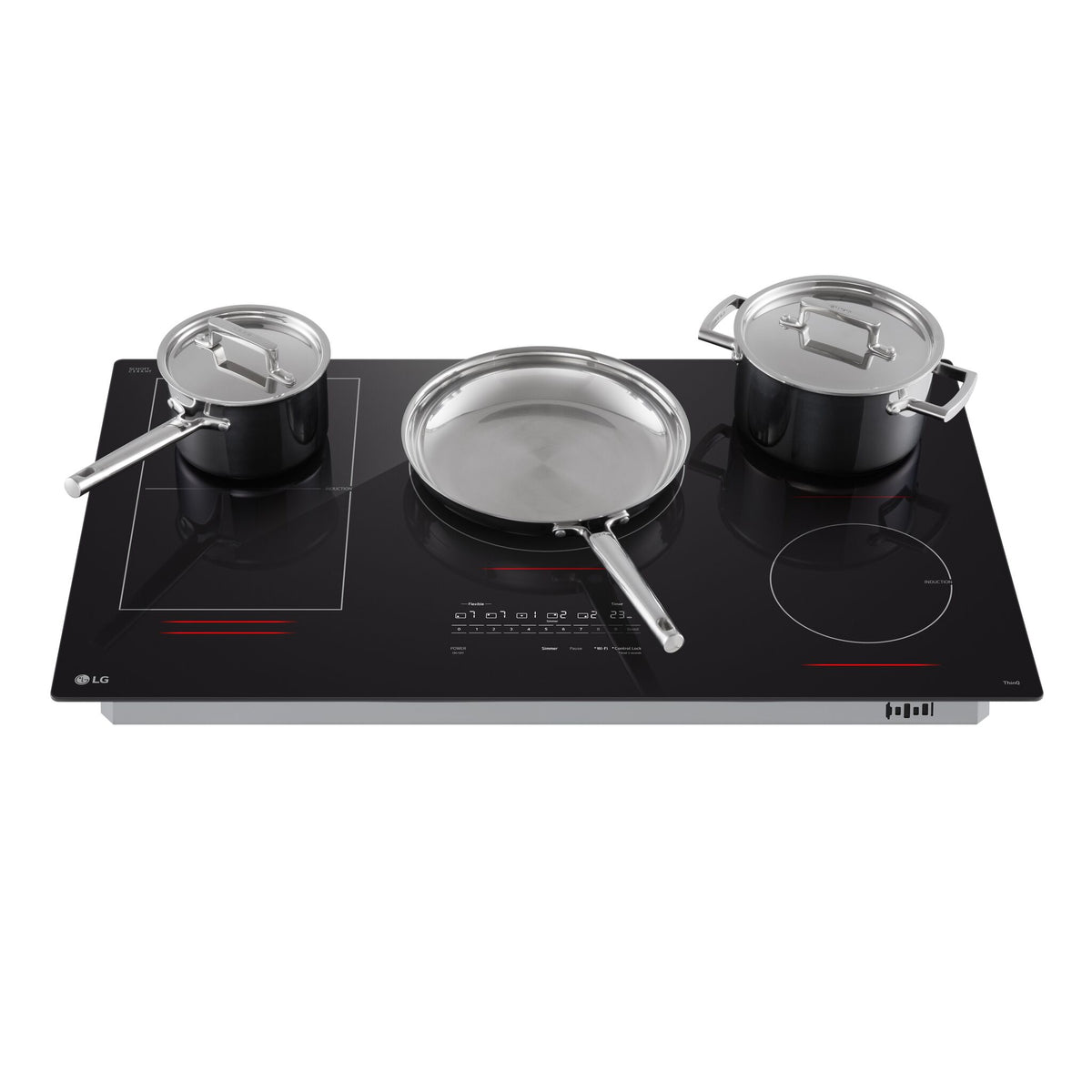 LG Black 36" Smart Induction Cooktop with saucepan, frying pan and stockpot positioned across multiple cooking zones