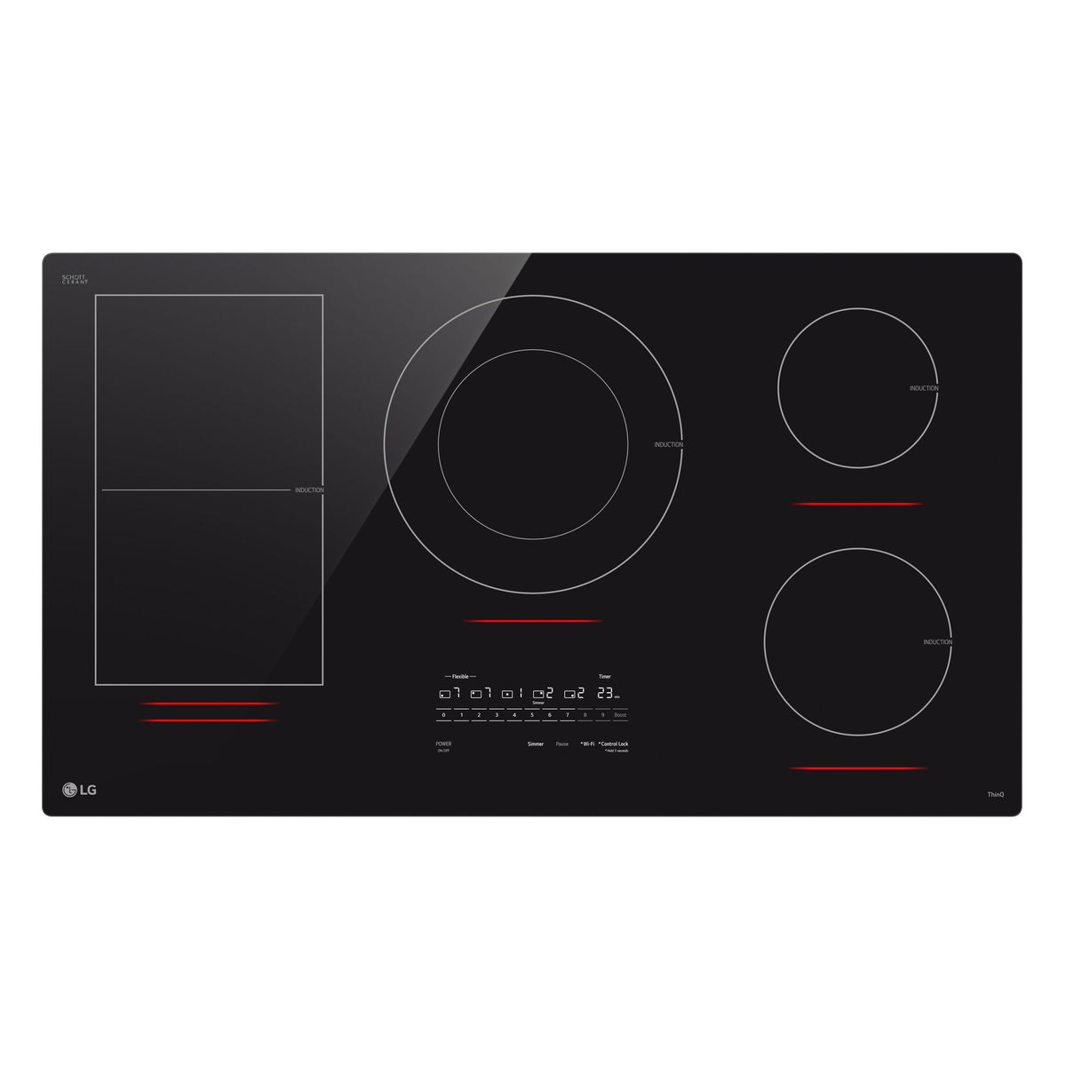 LG Black 36" Smart Induction Cooktop with five cooking zones, flexible zone, touch controls and 5.0kW UltraHeat element