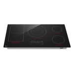 Front angle view of LG Black 36" Smart Induction Cooktop with five zones, flexible cooking area and digital controls