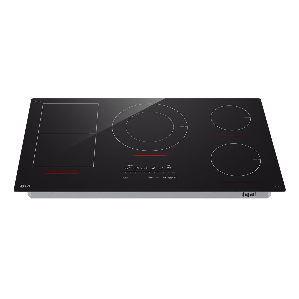 Front angle view of LG Black 36" Smart Induction Cooktop with five zones, flexible cooking area and digital controls