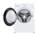 LG white front load washer with door fully open showing stainless steel drum