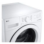 Close-up of LG white front load washer control panel dial and digital display
