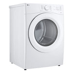 LG white front load electric dryer angled three-quarter view showing side cabinet