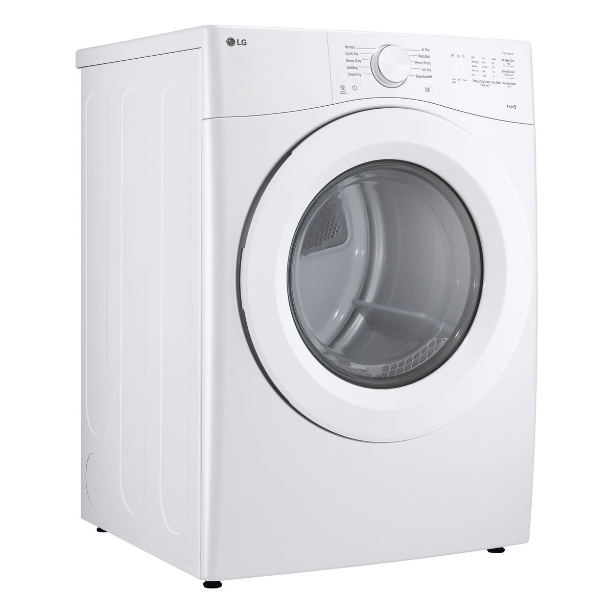 LG white front load electric dryer angled three-quarter view showing side cabinet