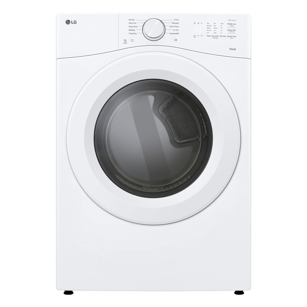 LG white ultra large capacity electric dryer front view with closed glass door