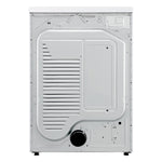 Rear panel view of LG white electric dryer showing exhaust vent outlet