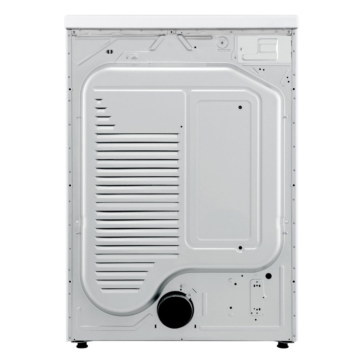 Rear panel view of LG white electric dryer showing exhaust vent outlet