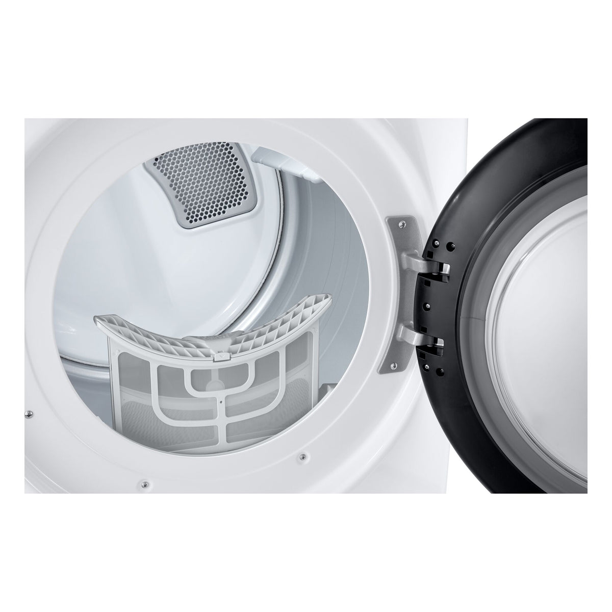 Close-up of removable lint filter seated inside LG electric dryer door opening