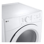 Close-up of LG white electric dryer control panel dial and digital screen