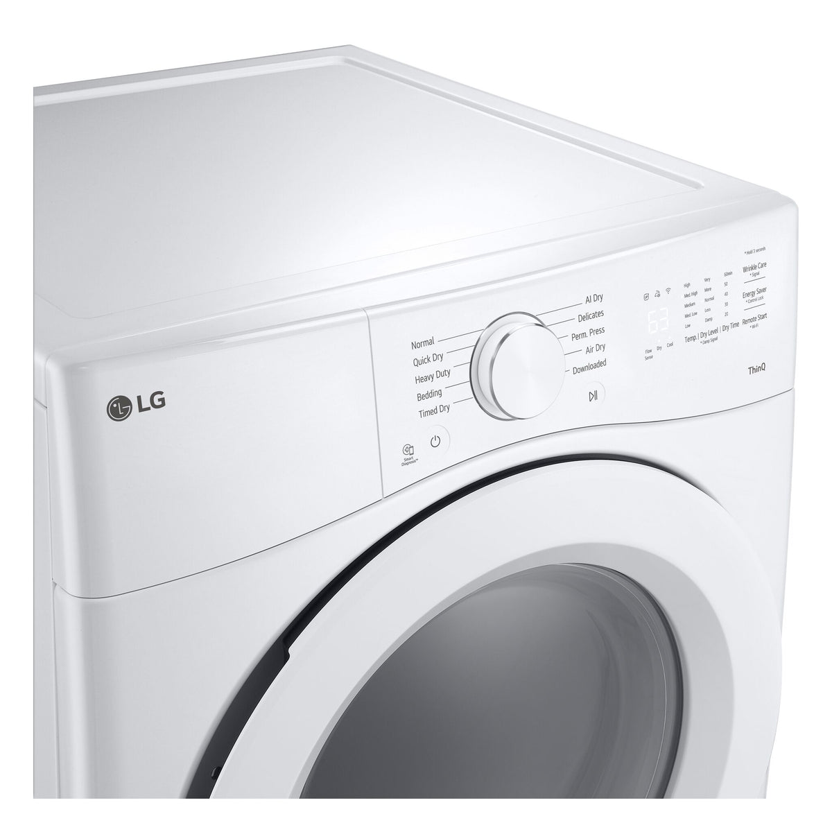 Close-up of LG white electric dryer control panel dial and digital screen