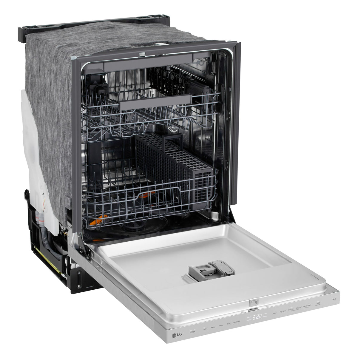 LG smart dishwasher open at an angle showing stainless steel interior, adjustable racks and cutlery basket