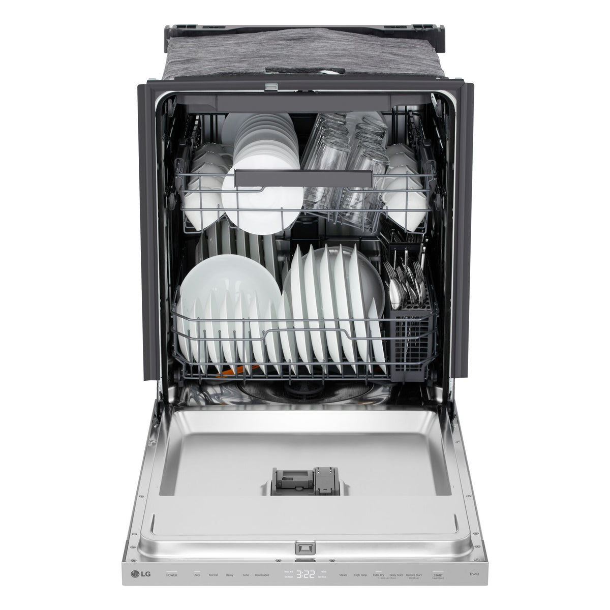 LG smart dishwasher open and loaded with plates, bowls, glasses and cutlery across multiple racks