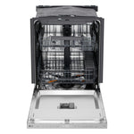 LG stainless steel dishwasher open from the front showing upper and lower racks and third rack