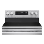 Front close-up of LG electric range showing smooth black cooktop, burner knobs and digital control panel