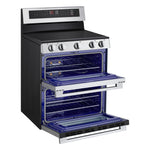 LG Electric Range angled view with both double oven doors open showing interior racks