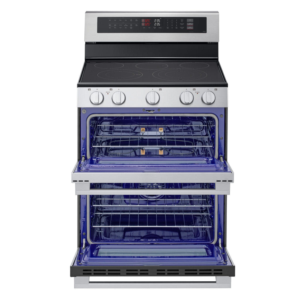 LG Double Oven Electric Range front view showing both upper and lower blue interior ovens open