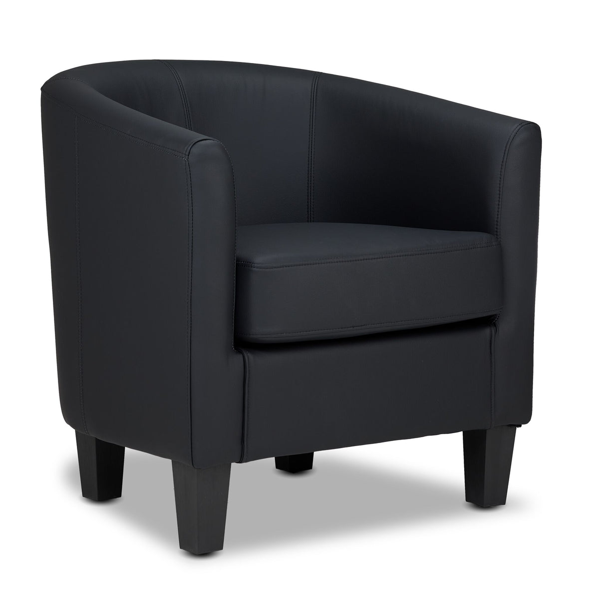 Lincoln Accent Chair - Black in a three-quarter view with curved tub-style back, cushioned seat and dark tapered legs