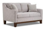 Lucerne grey loveseat with two seat cushions, track arms, solid wood legs and angled front view