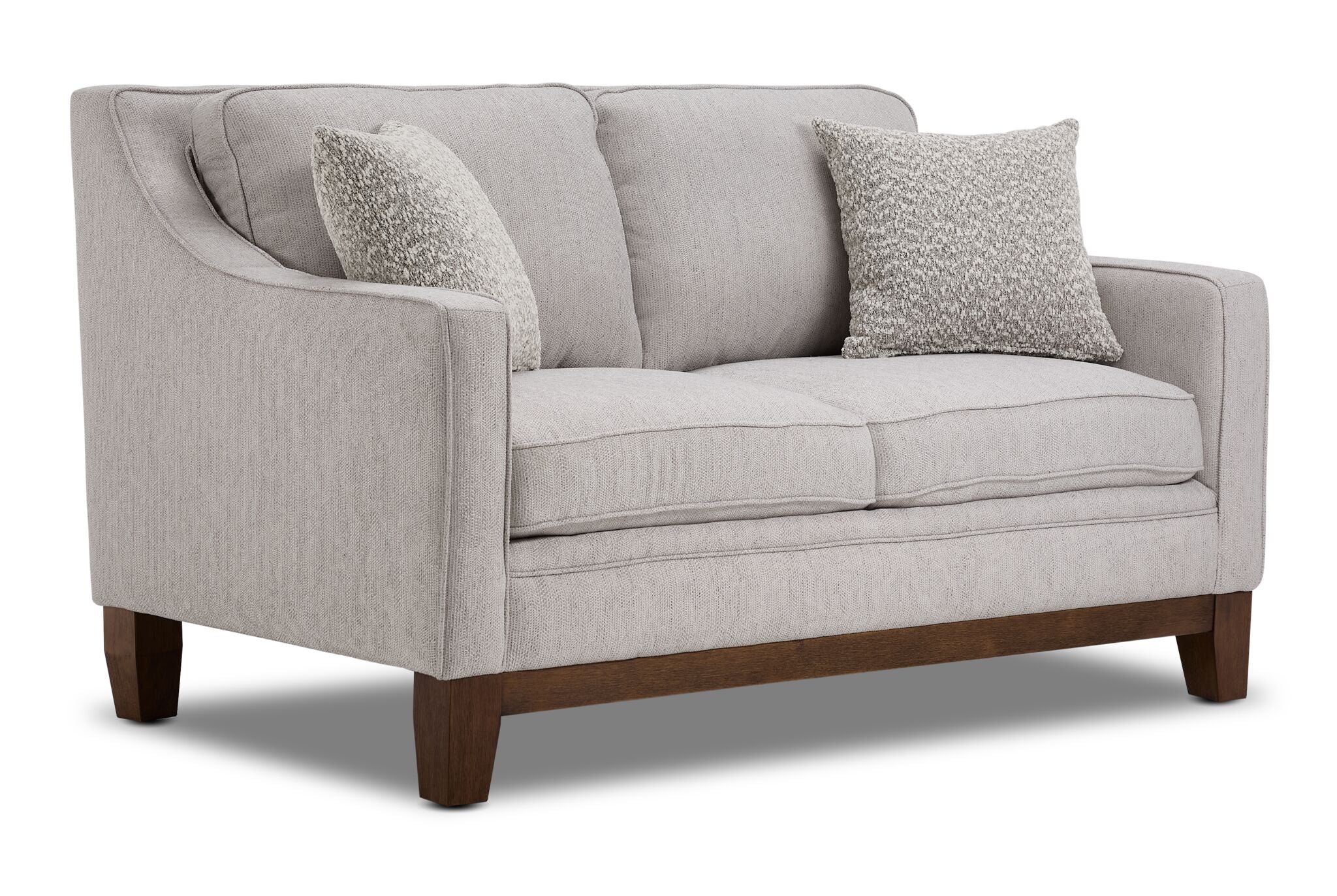 Lucerne grey loveseat with two seat cushions, track arms, solid wood legs and angled front view