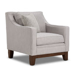 Lucerne grey chair with single seat cushion, track arms, solid wood legs and angled front view