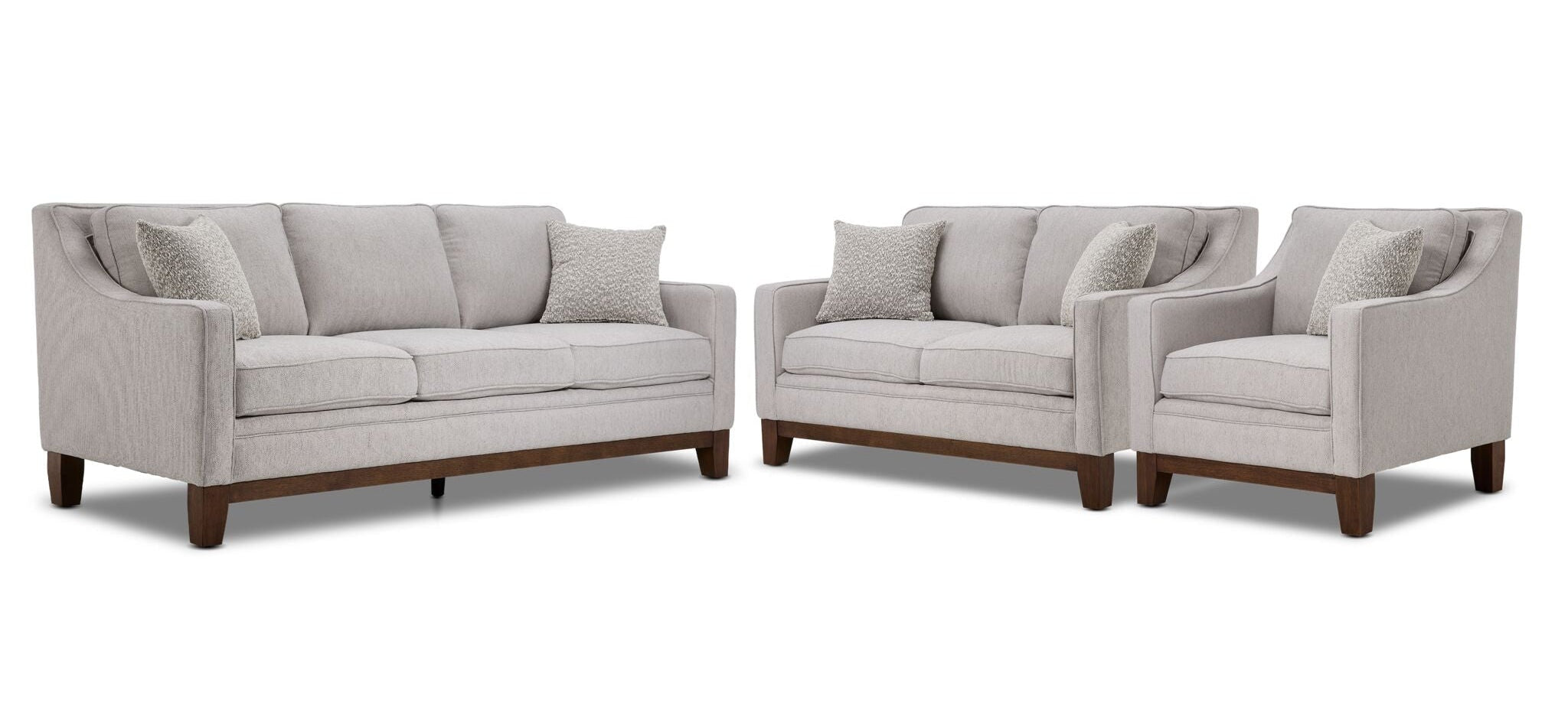 Lucerne grey sofa, loveseat and chair set with track arms, solid wood legs and contemporary style