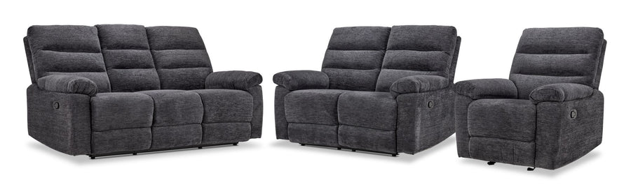 Lucie Reclining Sofa, Loveseat and Recliner Set- Charcoal