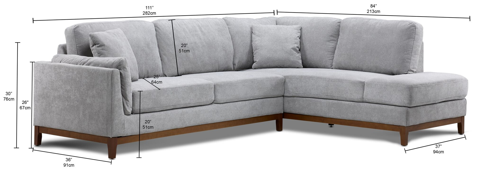 Marquis Sectionnel 2 mcx avec fauteuil allongé à droite – gris